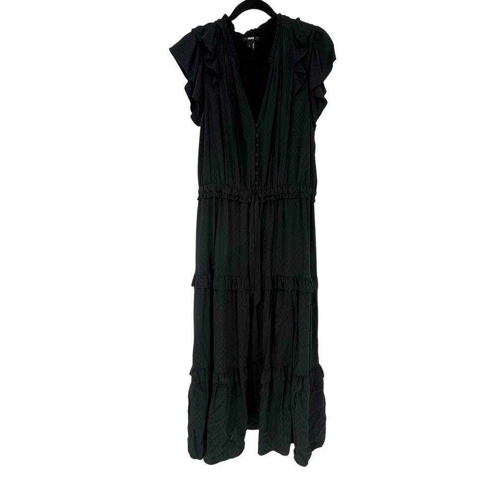 PAIGE Rozlyn Tiered Black Ruffle Midi Dress Women's Size Large - Picture 2 of 13